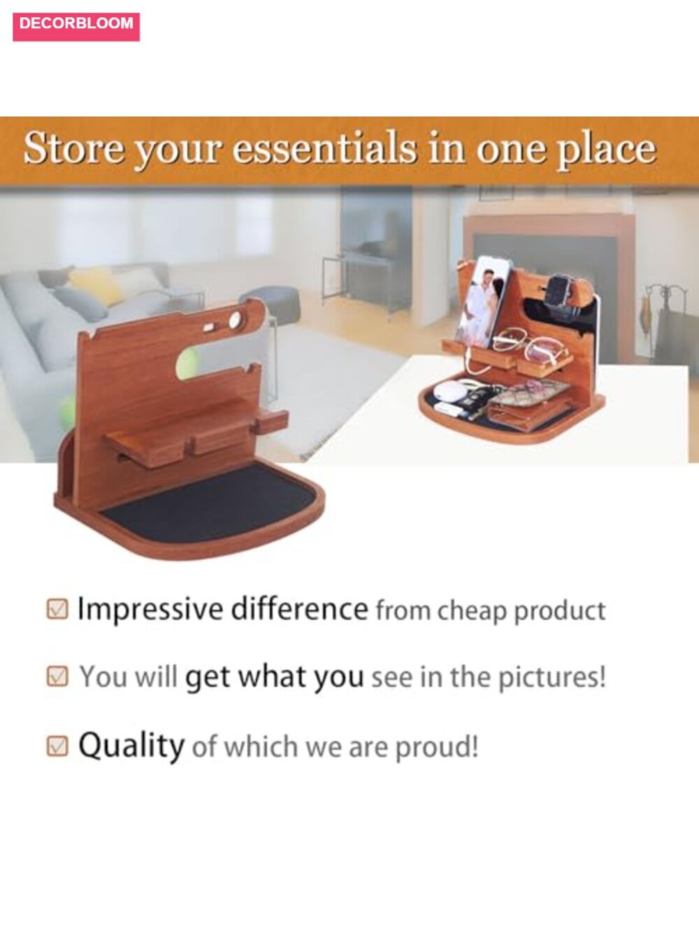 Wood Phone Docking Station Nightstand Watch Key Organizer Desk - Picture 2 of 6